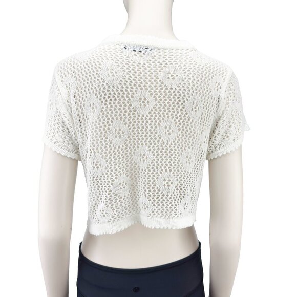 VINTAGE Crochet Cropped Boho Flowy Open Front Cardigan Bolero White Casa Donna S - Picture 3 of 7